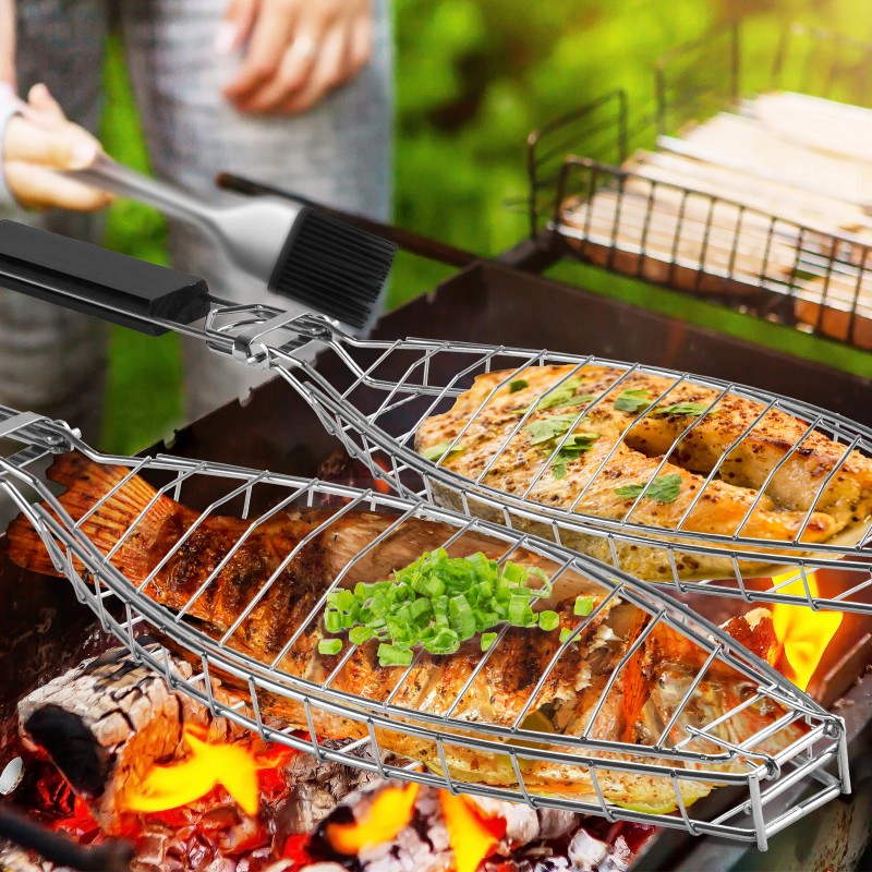 Heavy Duty 430 Stainless Steel Fish Grill Basket With Detachable