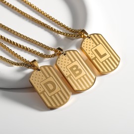 Kalanophel Initial American Flag Dog Tag Necklace for Men Stainless Steel Letter A-Z Jewelry Gift 24 Inch Chain Valentine's Birthday Christmas Anniversary, Stainless Steel, No Gemstone