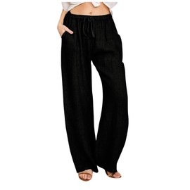 cllios Women's Linen Pants Wide Leg Beach Summer Lightweight Pants Casual Drawstring Flowy High Waisted Baggy Palazzo Pants Plus Size Lounge Trousers with Pockets Black