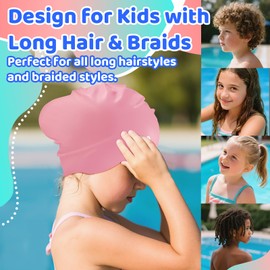 Vvinca Swim Cap Kids for Long Hair Braids Curly, 2 Pack Silicone Waterproof Swimming Caps for Toddler Girls Boys Age 3-8 Keep Hair Dry Pool Water Swim Hats