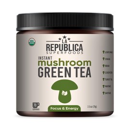 La Republica Mushroom Green Tea (instant) with Reishi, Chaga, Lion's Mane, Cordyceps, Turkey Tail, Shiitake and Maitake for Focus (70 Servings)