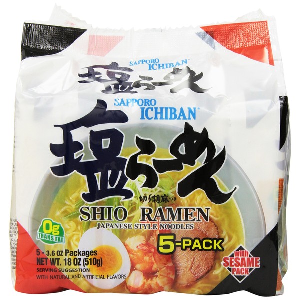 Sapporo Ichiban Shio Ramen Noodles, 3.6 oz., 5 Count (Pack of 6)