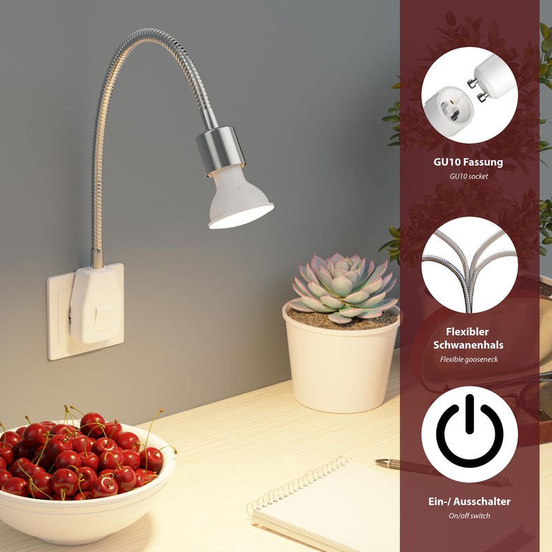 ledscom.de LESCH Socket Lamp Reading Lamp Gooseneck Switch Chrome +