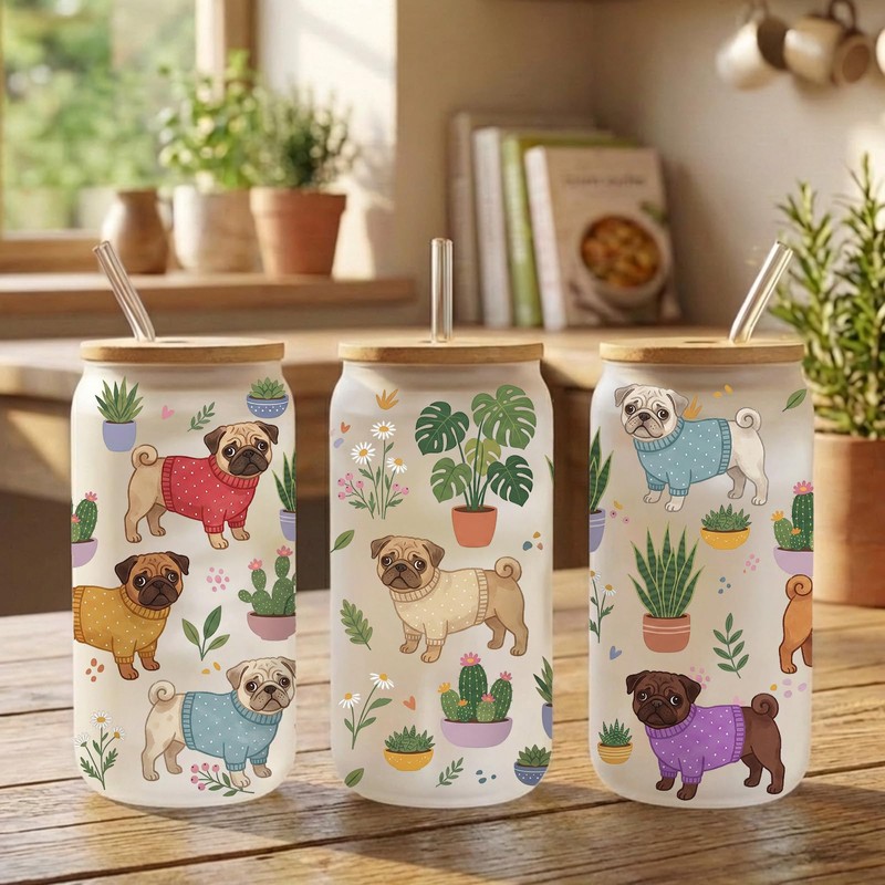 Pug Gift for Women,16 oz Glass Cup with Lids and
