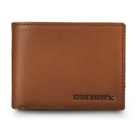 Eddie Bauer Men Rugged Bifold Wallet | Money Clip | RFID Protection | ID Window EDC, Leather-Brown, One Size