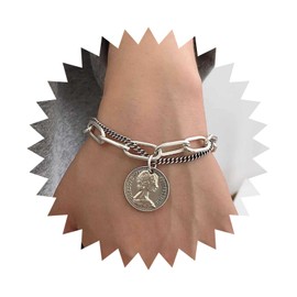 Vacaonio Punk Medallion Coin Bracelet Layered Disc Bracelet Silver Parperclip Chain Bracelet Chunky Chain Link Bracelet Toggle Clasp Bracelet Curb Bracelet Hand Chain Jewelry for Women