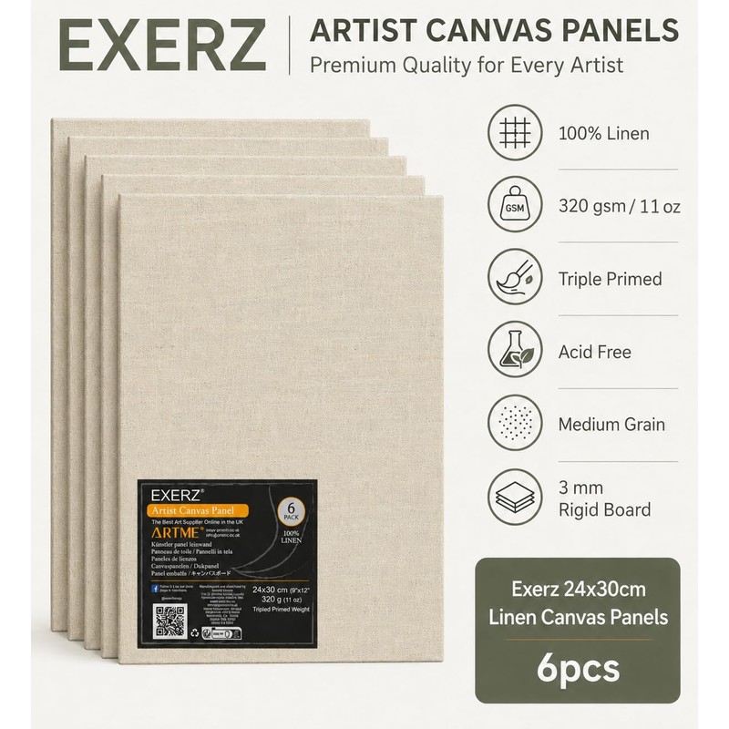 Exerz 24x30cm Linen Canvas Panels 6pcs - 3mm 320gsm 100%