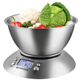 UNIWEIGH Lebensmittel Küchenwaage Schüssel, Digital Gramm und OZ für Kochen, Backen, Diät, Gewichtsverlust, mit abnehmbaren Schüssel 2.15L Volumen, Raumtemperatur, Timer, LCD, Edelstahl, 11lb/5kg