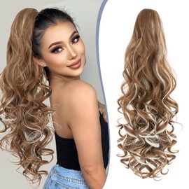 TESS 24'' Curly Ponytail Extensions, 210g Claw in Long Ponytail Extension, Hair Pieces for Women, Golden Brown With Beige Highlighted