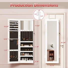 BTDWI 47.5'' Full Length Mirror Jewelry Cabinet, Lockable Wall-Mount or Door-Hanging Jewelry Armoire with Interior Led Mirror & Storage Shelf, White