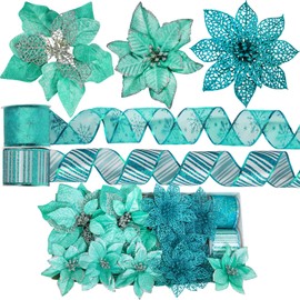 Winlyn 26 Set 3 Style Christmas Teal Glitter Poinsettia Flowers Picks Xmas Tree Ornaments and 2 Rolls 20 Yards Decorative Teal Glitter Wired Ribbon for Teal Christmas Tree Wreath Garland