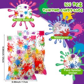 Capoda 100 Pcs Paint Splatter Treat Bags Neon Candy Goodies Bags Colorful Plastic Artist Pouches with Handle Painting Gift Wraps Party Favors Paint Theme Birthday Party Decoration Supplies