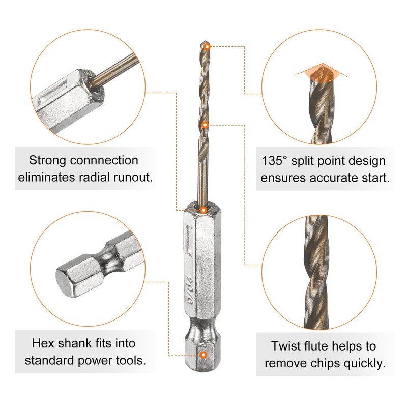 sourcing map 10pcs 1/4" Hex Shank Drill Bit 5/64" Gold
