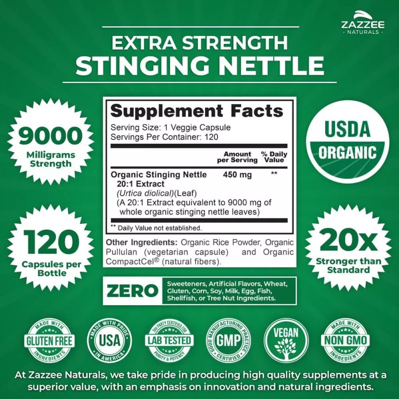 USDA Organic Stinging Nettle 20:1 Extract, 9000 mg Strength, 120