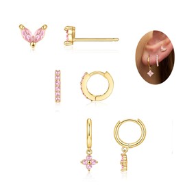 MOZAKA 3 Pairs Dainty Gold Birthstone Earrings Set for Multiple Piercing 14k Gold Plated Hypoallergenic Cartilage Small Hoop Stud Earrings Set for Women Birthday Gifts (OCTOBER Pink Tourmaline)