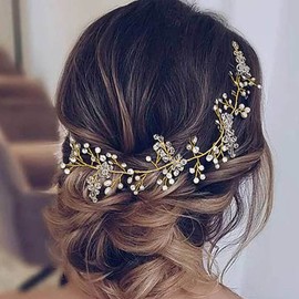 JONKY Bridal Rhinestone Hair Vine Bride Gold Headband Flower Headpieces Crystal Wedding Hair Bands for Women and Girls