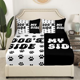 Cute Dog Paws Print Fitted Sheet Queen Size,Dog Side My Side Bedding Set,Boys Girls Room Decor,Kawaii Puppy Animal Pet Rustic Bed Cover,Black White Bed Sheet,2 Pillowcases(No Top Sheet)