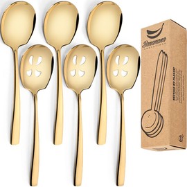 Stainless Steel Serving Spoon x 3, Slotted Serving Spoon x 3, 9.14 Inches Large Serving Utensils Set of 6 for Catering, Dishwasher Safe (Gold)