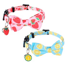 HJZHII 2 Pcs Breakaway Cat Collar with Bell, Safety Buckle Cat Collar with Adjustable Bowtie Lemon Strewberry Cotton Kitten Collars Removable for Boy Girl Kitten Cats