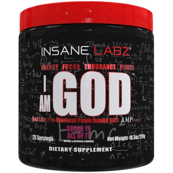 Insane Labz I am God Pre Workout, High Stim Pre Workout Powder Loaded with Creatine and DMAE Bitartrate Fueled by AMPiberry, Energy Focus Endurance Muscle Growth,25 Srvgs,Drink Ye All of It