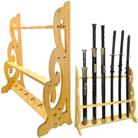 Sword Stand Display Floor Sword Stand Katana Holder 6 Tier Samurai Sword Display Stand, Wooden Vertical Sword Rack Multilayer Decorative Swords Hanger, Adjustable Large Lightsaber Wand Display Shelves