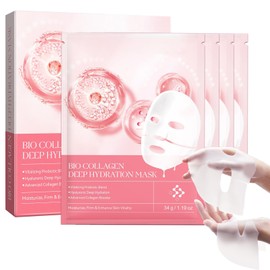 4 Stück Bio Collagen Hydrogel Nachtmaske, Porenminimierend, Anti-Falten Gesichtsmaske, Feuchtigkeitsspendend mit Glow Effekt, Straffende Tuchmaske für alle Hauttypen