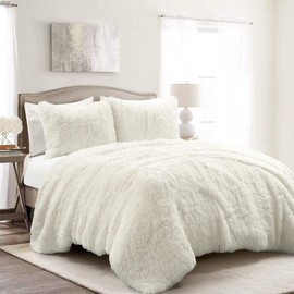 Lush Decor Emma Faux Fur Oversized 3 Piece Comforter Set, Full/Queen, Ivory