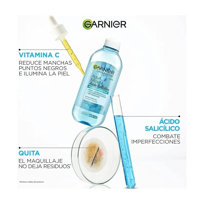 2 Agua Micelar Garnier Skin Active Ácido Salicílico 400 Ml