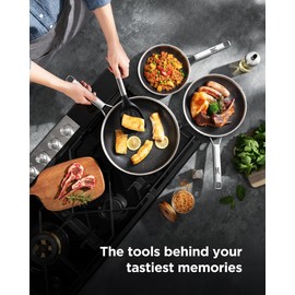 Roomena Non Stick Frying Pans Hybrid Ceramic With Lid, 12 Inch Tri-Ply Stainless Steel Skillet, Non-Toxic, PFAS/PFOA/PTFE Free, Metal Utensil Safe, Dishwasher & Oven Safe,Induction Compatible