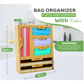 PrimeNex Storage Bag organizer, 6 in 1 Foil and Plastic Wrap Dispenser with Cutter, Bamboo Kitchen Drawer Organizer Food Bag Organizer for Gallon, Quart, Sandwich, Snack Bags (Natural)