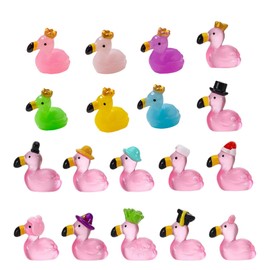 36 Pcs Luminous Mini Flamingo Figurines, 18 Styles Resin Tiny Animals with Crown & Jelly Luster for Home Office Landscape Party Decor