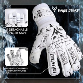 EAGLE STRIKE Soccer Goalie Gloves - Fingers Protection, Sizes 5 to 11, 4mm German Giga Latex Pro-Level Gloves (White & Black, 10)