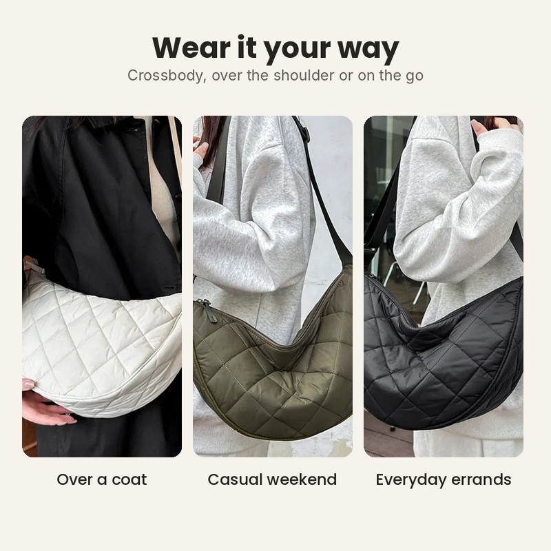 Quilted Crescent Crossbody Bag for Women – Lightweight Nylon Half