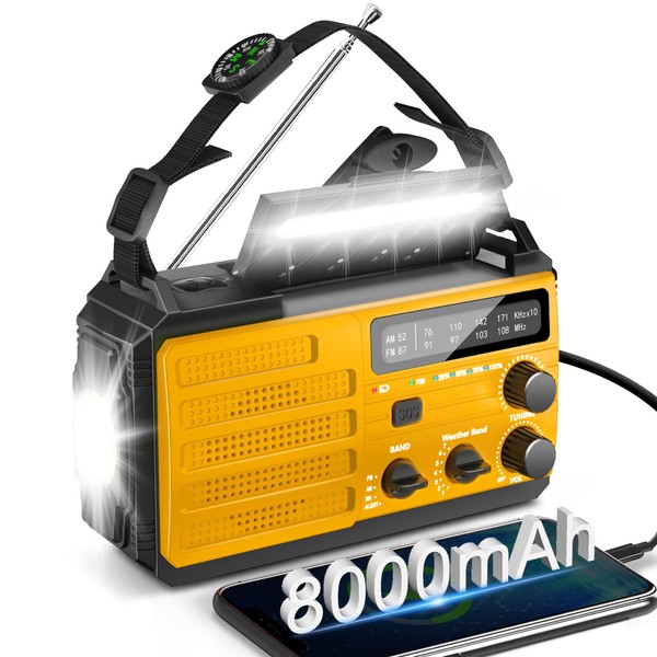 8000mAh Emergency Crank Weather Radio,AM/FM/NOAA Hand Crank Solar Powered Radio with Weather Alert,Emergency Phone Charger,3 Modes Flashlight,SOS Alarm,Earphone Jack,Compass for Emergency Outdoor