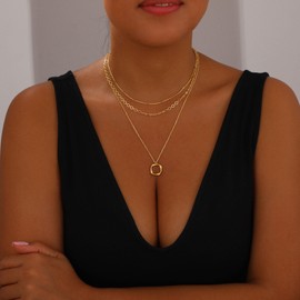 Layered Gold Necklaces for Women Stackable Dainty 14K Gold Plated Silver Chain Necklace Layering Cute Fashion Pendant Choker Necklaces Trendy Jewelry Set Gifts for Women (Oval paper clip flat strip square, golden)