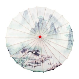 LOVIVER Handmade Oriental Oil Paper Parasol, Chinese Classical Umbrella Windproof, Ancient Dance Oiled Paper Umbrella for Costume Village Scenery Wedding Events, Landscape Cottage, Style F