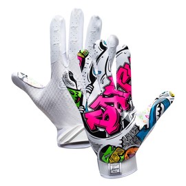 Battle Sports Graffiti Wide Receiver Football Gloves, Ultra Stick Adult & Youth Gloves - Adult Large, White