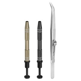 sourcing map 3pcs Diamond Tweezer Holder Pick Up Tool Set Stainless Steel 4 Claw Holder Elbow Head Jewelry Locking Tweezer for Tiny Objects Electronic Components, Silver/Brown/Black
