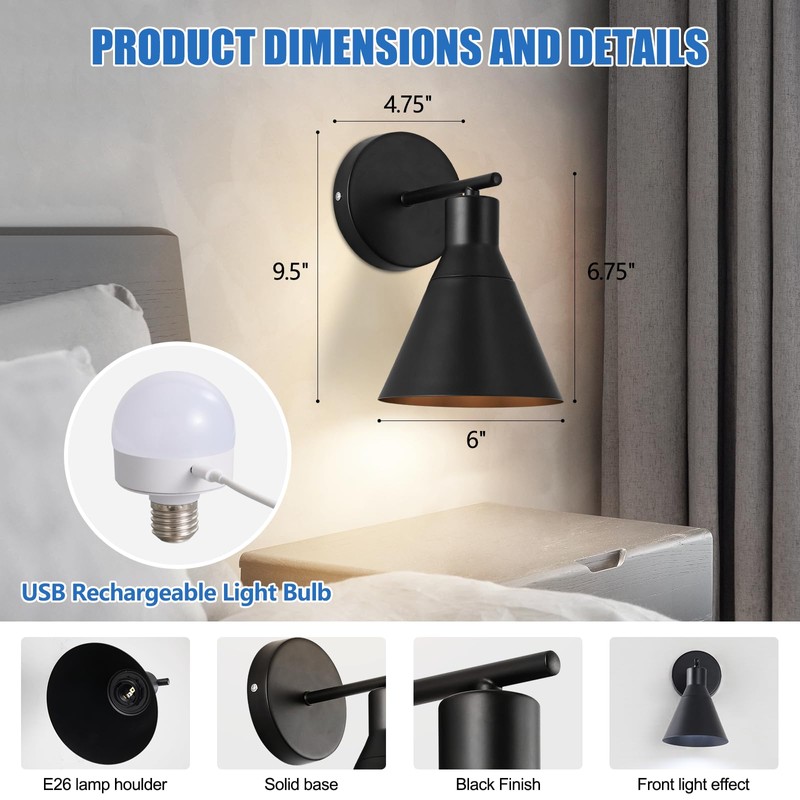 HOJOYRI Modern Wireless Battery Operated Wall Sconces, Black Rechargeable Cordless