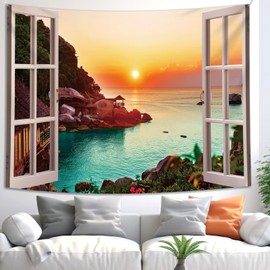 Beach Ocean Window Tapestry Wall Hanging Sunset Sunrise Island Coastal Landscape Nature Scenery Seaside Cute Small Tapestry for Office Bedroom Living College Dorm Room Backdrop Wall Decor 28×40 inch