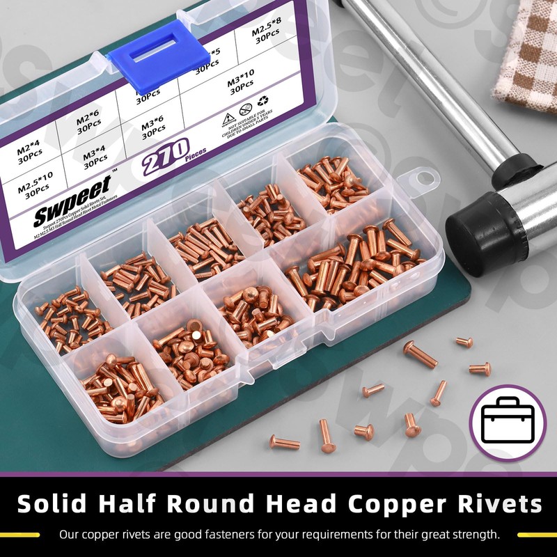 Swpeet 270Pcs M2 M2.5 M3 Half Round Head Copper Solid
