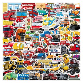 100pcs Vehicle Stickers for Kids, Transportation Stickers with Construction Truck Digger Engineering Car Train Motorbike Fire Truck Crane Airplane, Waterproof Vinyl Stickers for Water Bottle Scrapbook