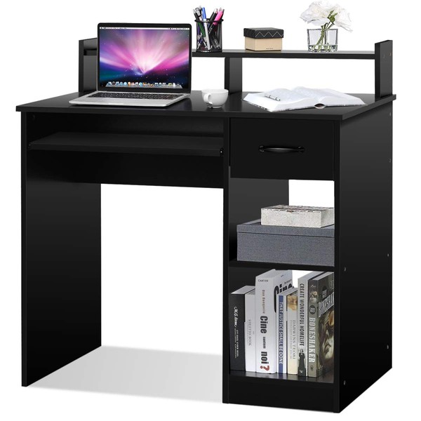 Tangkula Computer Desk with Drawer & Keyboard Tray, Modern Study Writing Desk with Desktop Hutch & Storage Shelves, Home Office Wooden PC Laptop Desk, Desk for Bedroom
