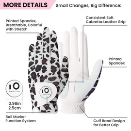 FINGER TEN Golf Gloves Women Left Right Hand Leather with Ball Marker Value Pack, Colored Glove for Ladies Right Left Handed Golfer All Weather Grip (Full-Leopard, X-Large, Right)