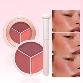 Rubor en crema ultrasuave de 3 colores para mejillas, Pincel Incluido Bálsamo Multiusos y Tinte Labial, Hidratante, Ligero y Fácil de Difuminar, Maquillaje Facial (2#)