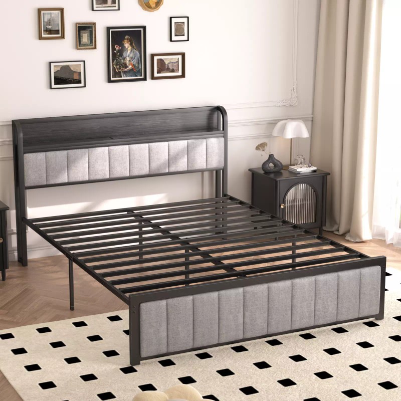 Vecelo Bed Frame with Storage Headboard Power Outlet Full Queen