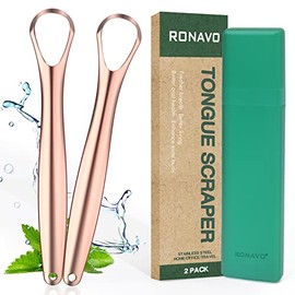 RONAVO Raspador de Lengua, Cuidado Oral Saludable, Limpiadores de Lengua de Acero Inoxidable (Incluye Estuche Práctico) (Oro Rosa)