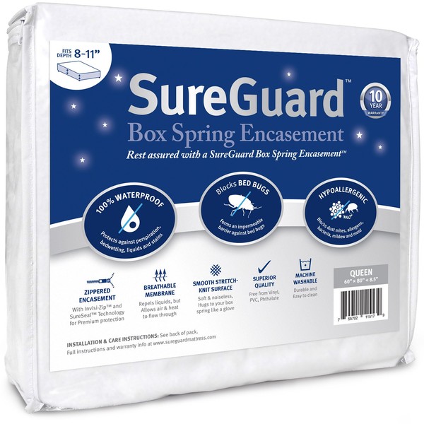 Queen Size SureGuard Box Spring Encasement - 100% Waterproof, Bed
