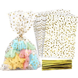 COQOFA 100 Pcs Star Printed 5"X 7" Gift Wrap Cello Cellophane Treat Bags Party Favor bags Clear Candy Cookie Bag Plastic Poly Goodie Storage Bag with Twist Ties for Bakery,Birthday, Wedding ,Party Decorations (Gold)