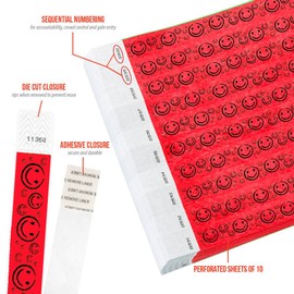 500 WristCo Neon Red Smiley Face Tyvek Wristbands for Events - ¾” x 10” - Waterproof Recyclable Comfortable Tear Resistant Paper Bracelets Wrist Bands for Concerts Festivals Admission Party